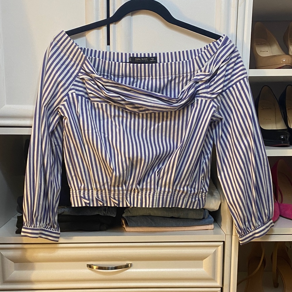 Zara Navy Striped Off-Shoulder Blouse